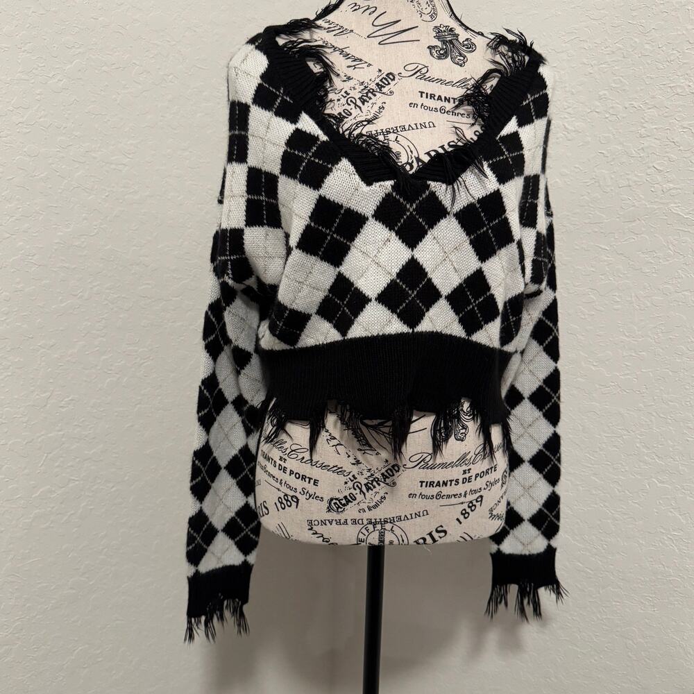 Just Polly New York Knit Argyle Cropped Fringe Sweater M Medium V Neck Y2K Emo